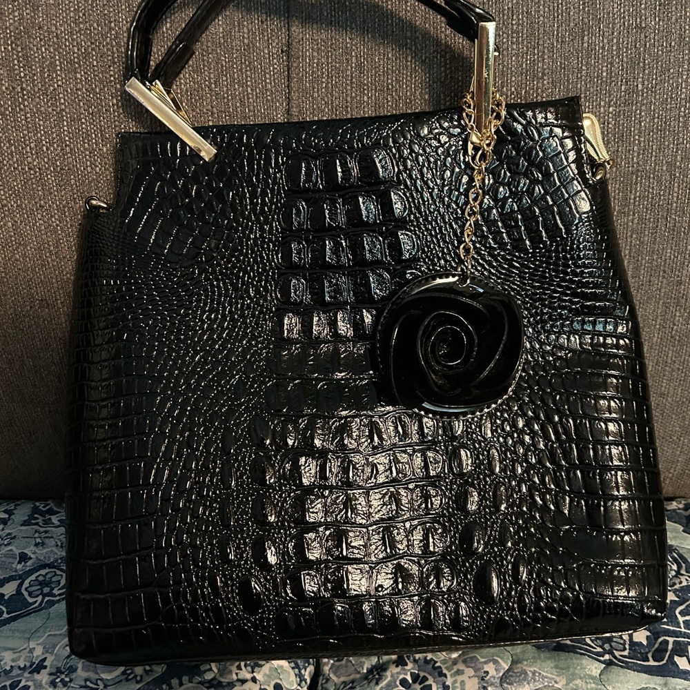 Elegant Black Crocodile-Embossed Handbag